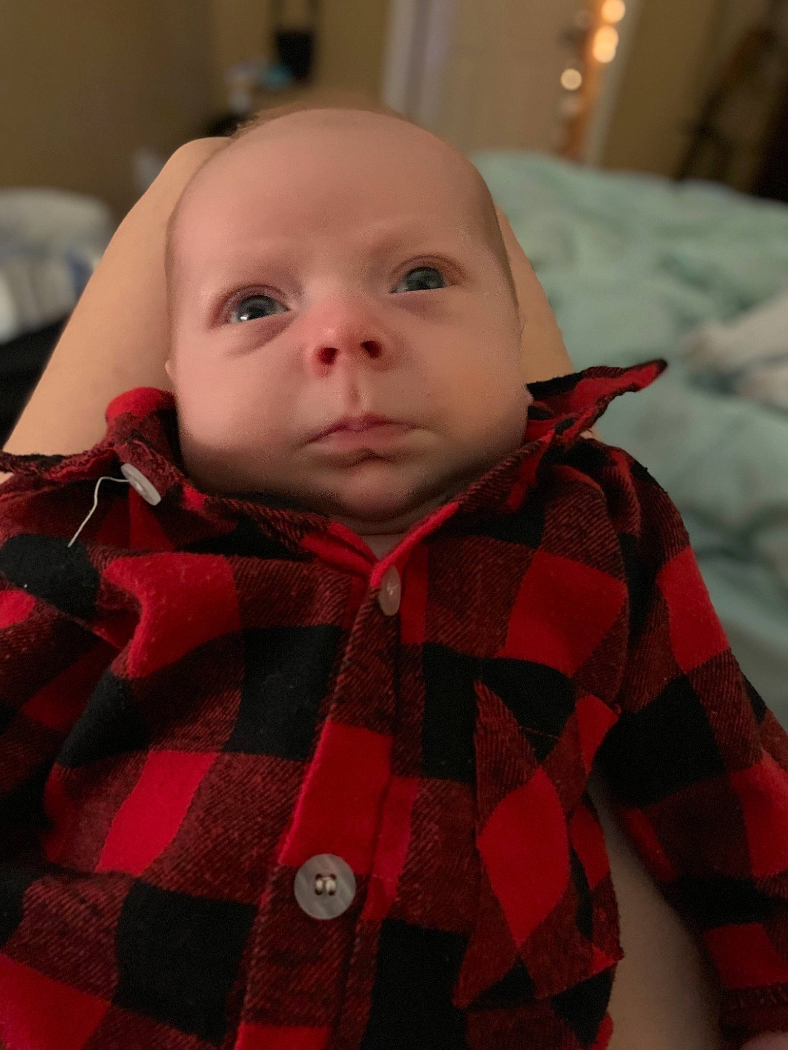 Levi is registered to the contest to win money with this photo: baby, baby_toddler_clothing, cheek, child, collar, comfort, dress_shirt, eye, face, iris, lip, mouth, neck, nose, pattern, person, plaid, skin, sleeve, tartan
