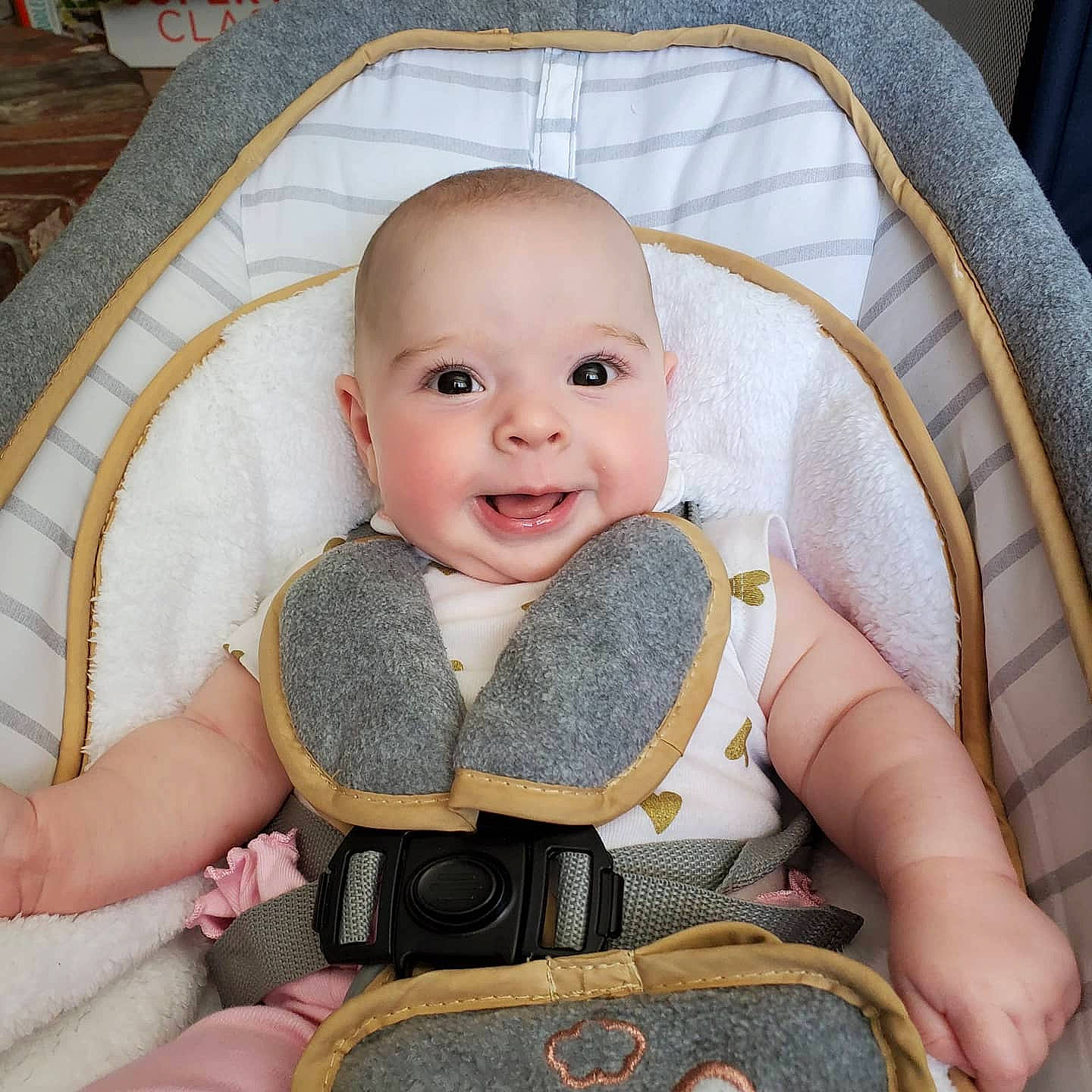 Kaelyn is registered to the contest to win money with this photo: baby, baby_carriage, baby_in_car_seat, baby_products, baby_safety, car_seat, child, comfort, head, person, product, sitting, skin, toddler
