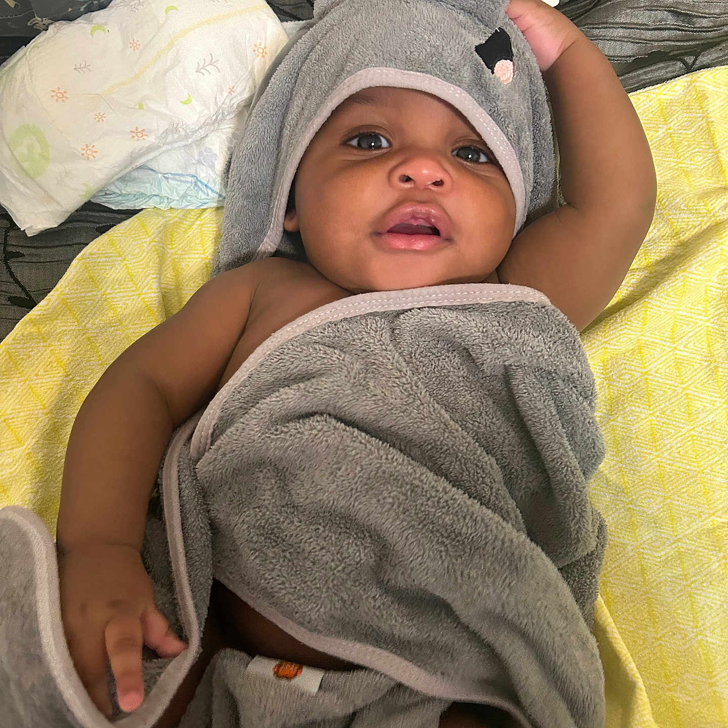 Delijah joined the competition — help win amazing prizes! adorable, baby, baby_bath, baby_care, blanket, child, cute, diaper, eyes, face, hand, hooded_towel, indoors, infant, lying_down, mouth, resting, skin, soft_texture, towel