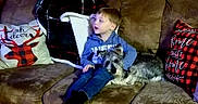 Winston is registered to the contest to win money with this photo: child, dog, couch, pillow, blanket, plaid, home_decor, indoors, pet, brown, blue_clothing, small_dog, snuggling, relaxed, cozy, seated, furniture, living_room, casual, portrait