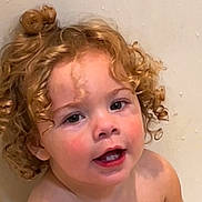 Noelle joined the competition — help win amazing prizes! child, toddler, curly_hair, portrait, face, mouth_open, teeth, wet_hair, water_droplets, bathroom, shoulder, rosy_cheeks, skin, innocent, cute, close_up, eye_contact, smile, indoor, playful