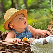 Mahé a rejoint le concours — aidez-le/la à gagner de superbes lots ! baby, child, wicker_basket, denim_overalls, straw_hat, blanket, teddy_bear_pattern, outdoor, forest, greenery, curious, blue_eyes, cute, portrait, infant, nature, soft_light, hands, sitting, closeup