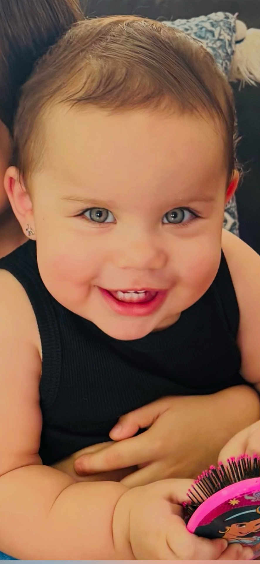 Dimah joined the competition — help win amazing prizes! baby, black_tank_top, blue_eyes, cheerful, child, closeup, cute, face, hairbrush, hands, happy, holding, indoors, infant, person, playing, portrait, skin, smiling, toddler