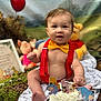 Carsen is registered to the contest to win money with this photo: baby, child, birthday_cake, sprinkles, winnie_the_pooh, red_suspender, yellow_bowtie, plush_toys, red_balloon, blanket, outdoor, grass, celebration, smiling, cute, portrait, festive, happy, toy, first_birthday