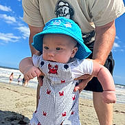 Matthew is registered to the contest to win money with this photo: adult_hands, baby, beach, blue_hat, casual_clothing, child, crab_pattern, cute, infant, ocean, outdoor, person, playful, portrait, sand, sky, striped_overalls, summer, sunny, vacation