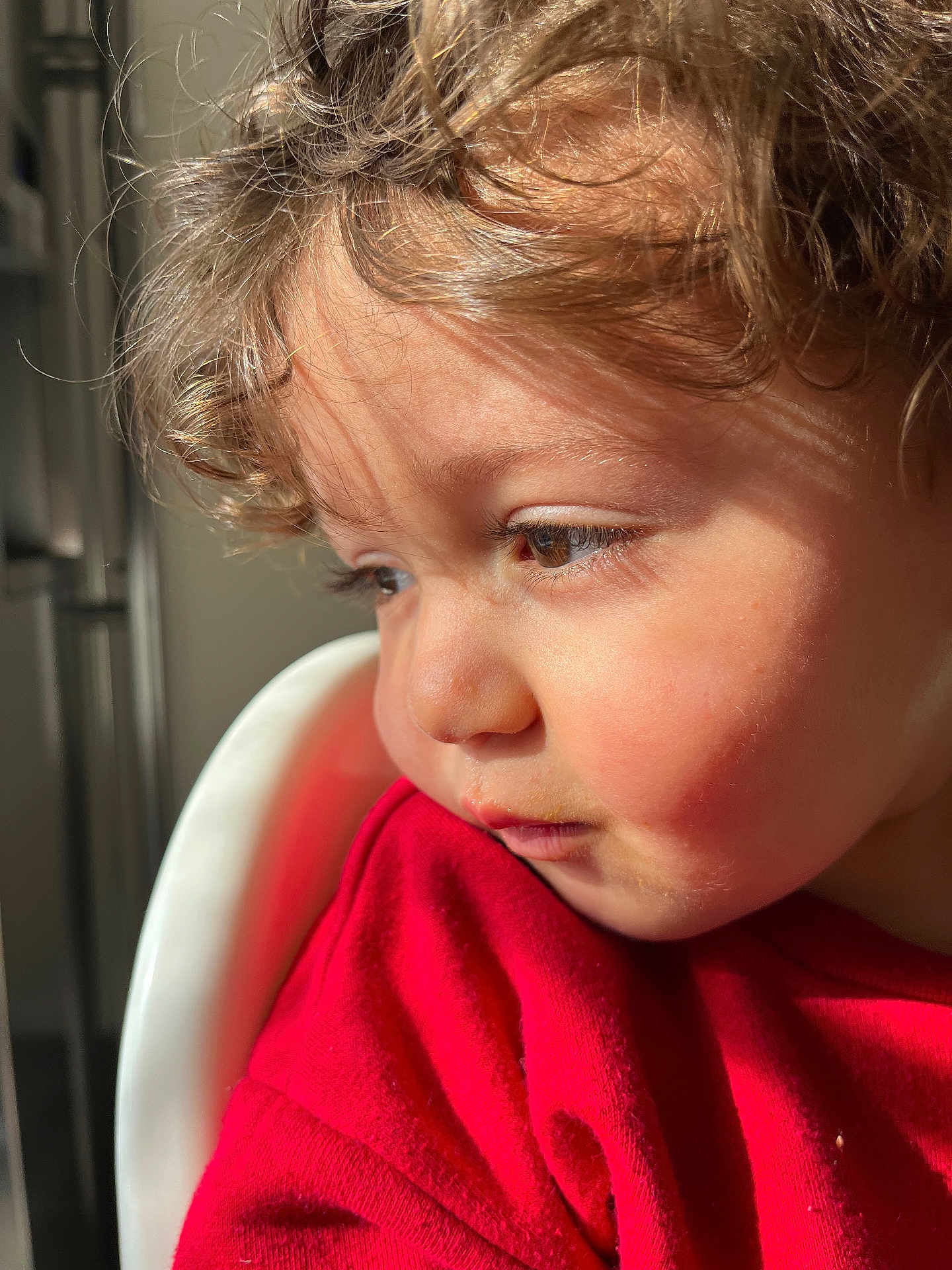 Axel William participe au concours pour gagner de l'argent avec cette photo : toddler, child, face, curly_hair, close_up, portrait, red_shirt, sunlight, shadow, side_view, indoors, expression, skin, person, young_child, hair, cute, warm_light, casual_clothing, thoughtful
