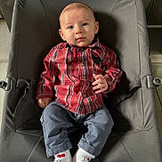 Lysio a rejoint le concours — aidez-le/la à gagner de superbes lots ! baby, baby_rocker, blue_pants, casual_clothing, child, comfortable, curious_expression, cute, floor_tiles, heart_pattern, indoor, infant, looking_at_camera, person, plaid_shirt, seat, seated, toddler, white_socks, young_child