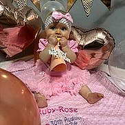 Ruby-Rose is registered to the contest to win money with this photo: baby, balloons, birthday, blanket, celebration, child, cute, decorations, dress, festive, headband, heart_shaped_balloon, indoor, party, party_horn, pink, plush_blanket, sitting, smiling, toddler