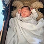 baby, blanket, calm, child, cozy, cute, indoors, infant, newborn, peaceful, person, pillow, relaxed, resting, sleeping, small, soft, stroller, white, wrapped