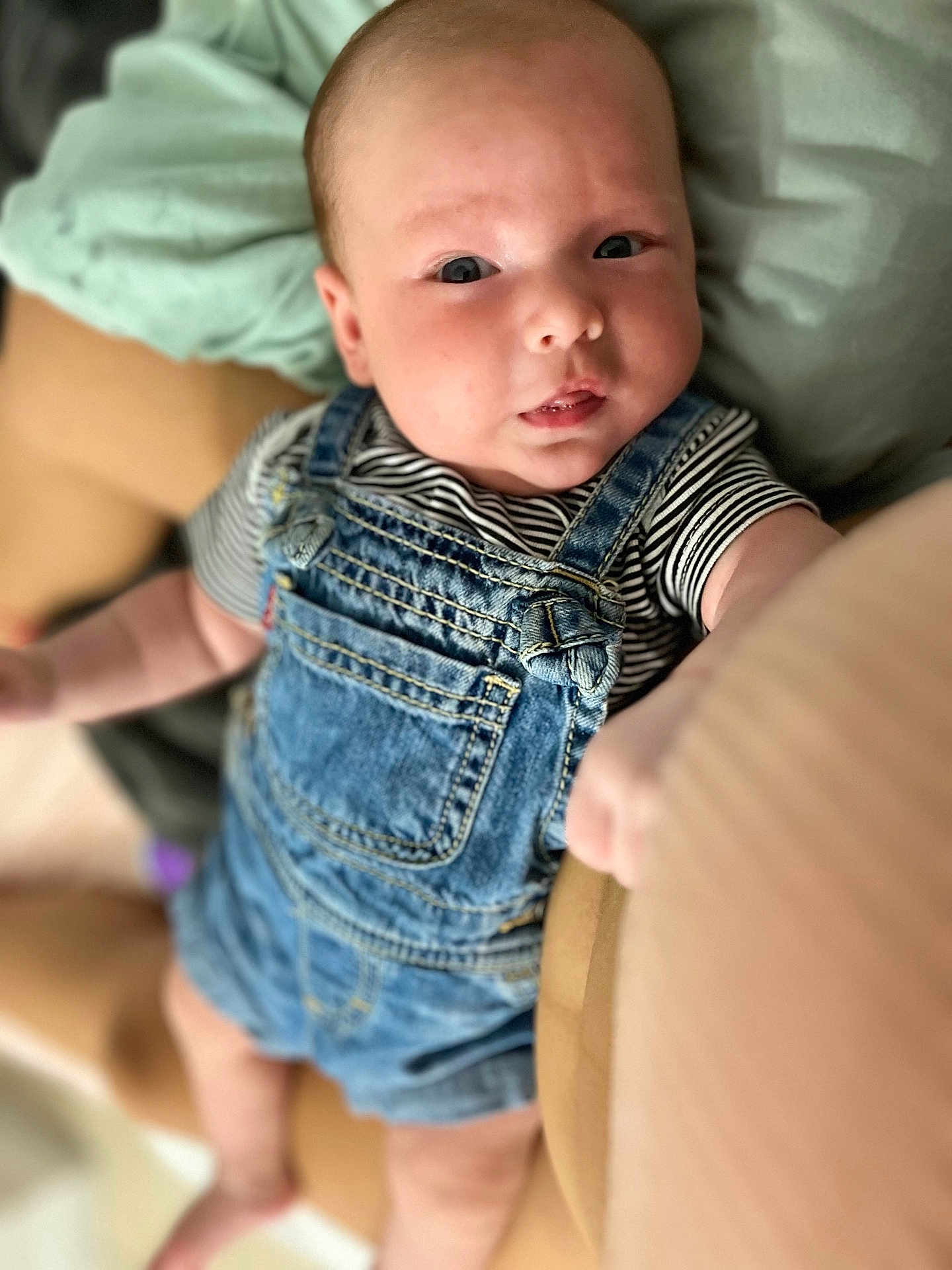 Apolo joined the competition — help win amazing prizes! baby, denim_overalls, striped_shirt, infant, face, eyes, hand, arm, skin, person, cute, child, young, portrait, indoor, clothing, sitting, expression, looking_up, cozy
