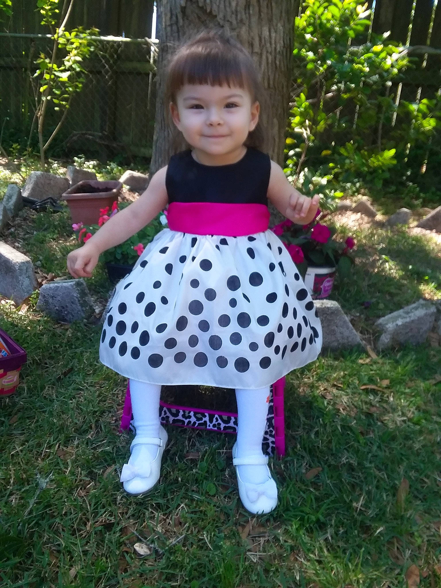 Kailyn joined the competition — help win amazing prizes! baby_toddler_clothing, child, clothing, costume, design, dress, fawn, pattern, person, pink, plant, polka_dot, toddler, violet, yard