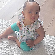Ludmyla participe au concours pour gagner de l'argent avec cette photo : baby, child, infant, sitting, floor, wooden_floor, mat, textured_mat, clothing, leggings, top, patterned_clothing, curious_expression, indoor, person, cute, young_child, head, hand, foot