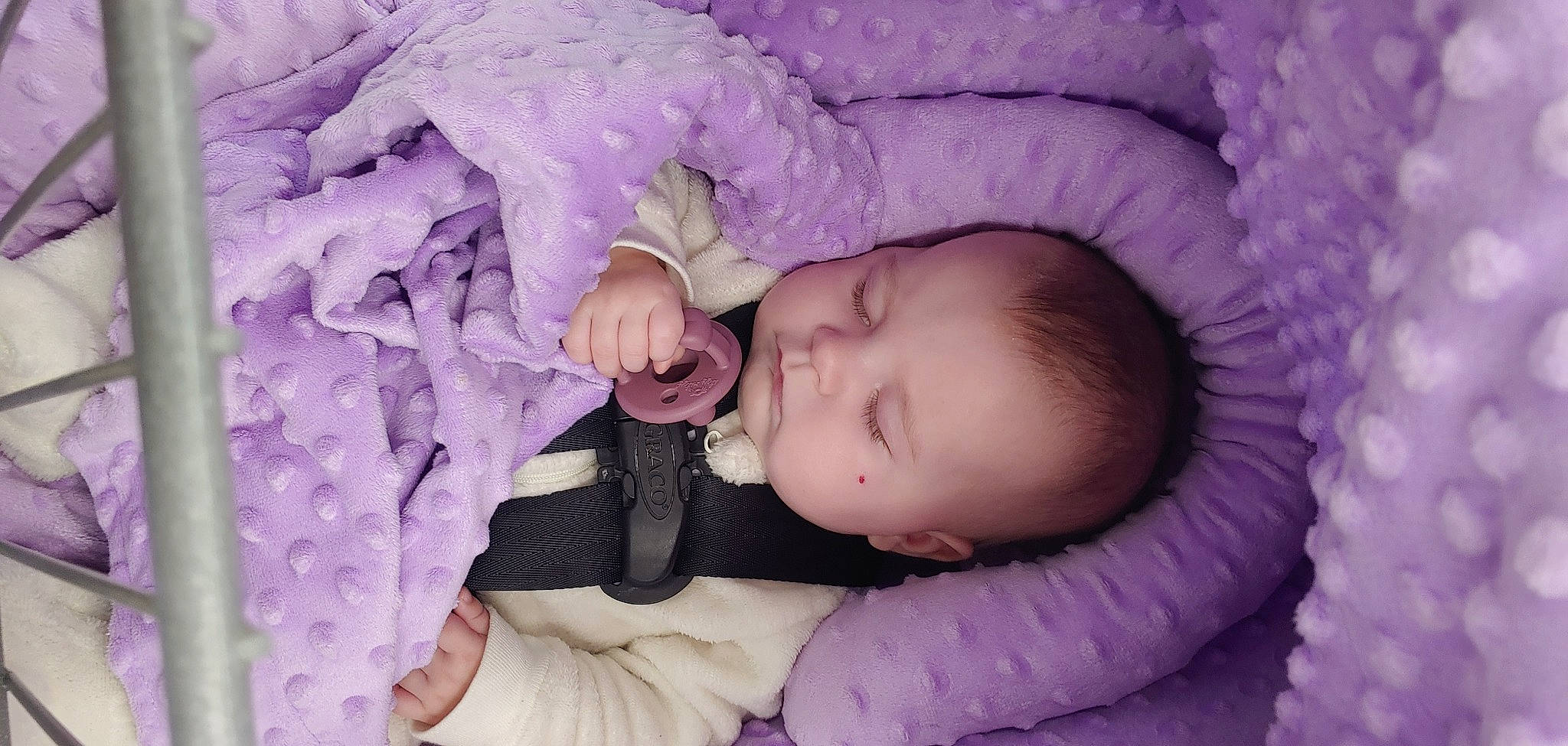 Kinley is registered to the contest to win money with this photo: baby, baby_toddler_clothing, cheek, eye, eyebrow, eyelash, facial_expression, hand, head, headgear, iris, lip, mouth, nose, person, pink, product, purple, skin, violet