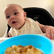 Sonny is registered to the contest to win money with this photo: baby, bib, high_chair, food, blue_bowl, infant, face, hand, animal_print, curious, messy, feeding_time, table, indoor, child, young, cute, eating, closeup, focus