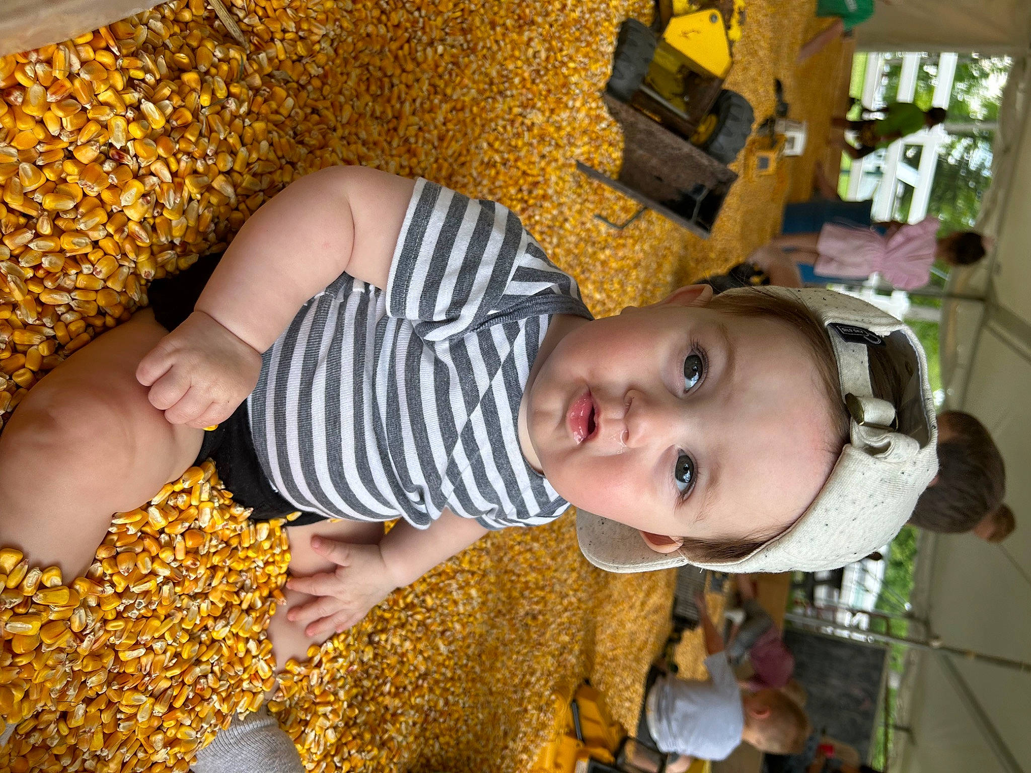 Brody is registered to the contest to win money with this photo: baby, baby_toddler_clothing, child, comfort, fun, happy, pattern, people_in_nature, person, toddler, tree, wood, yellow