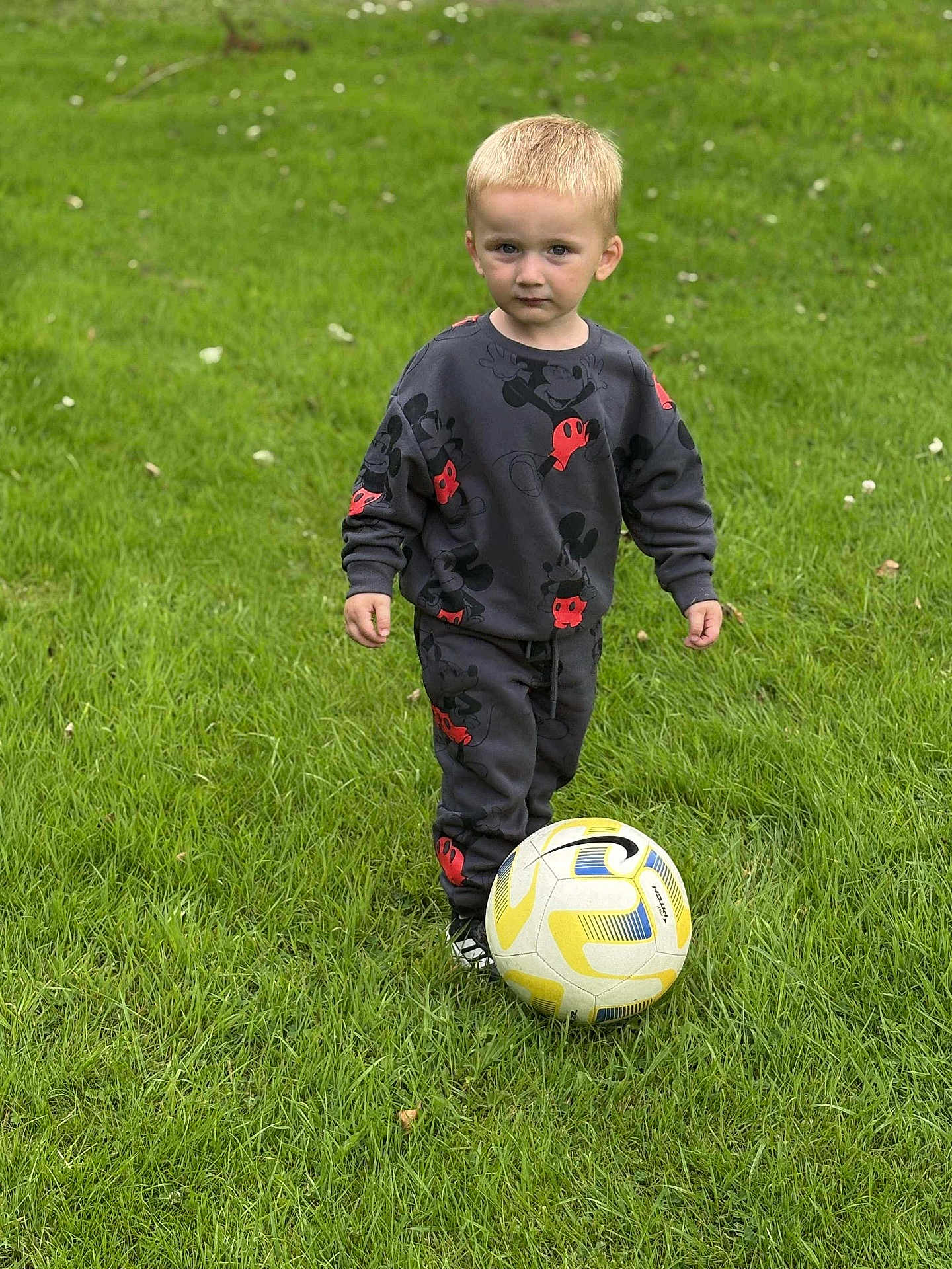 Naël a rejoint le concours — aidez-le/la à gagner de superbes lots ! toddler, child, soccer_ball, grass, outdoor, greenery, clothing, mickey_mouse, playful, sports, young_child, standing, casual_wear, footwear, toy, game, nature, portrait, daylight, activity