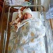 Ambre a rejoint le concours — aidez-le/la à gagner de superbes lots ! newborn, baby, blanket, hospital_bassinet, sleeping, plush_giraffe, white_hat, pacifier, wooden_furniture, medical_supplies, crib, infant, soft_toys, cozy, indoor, cute, peaceful, bed, child, resting