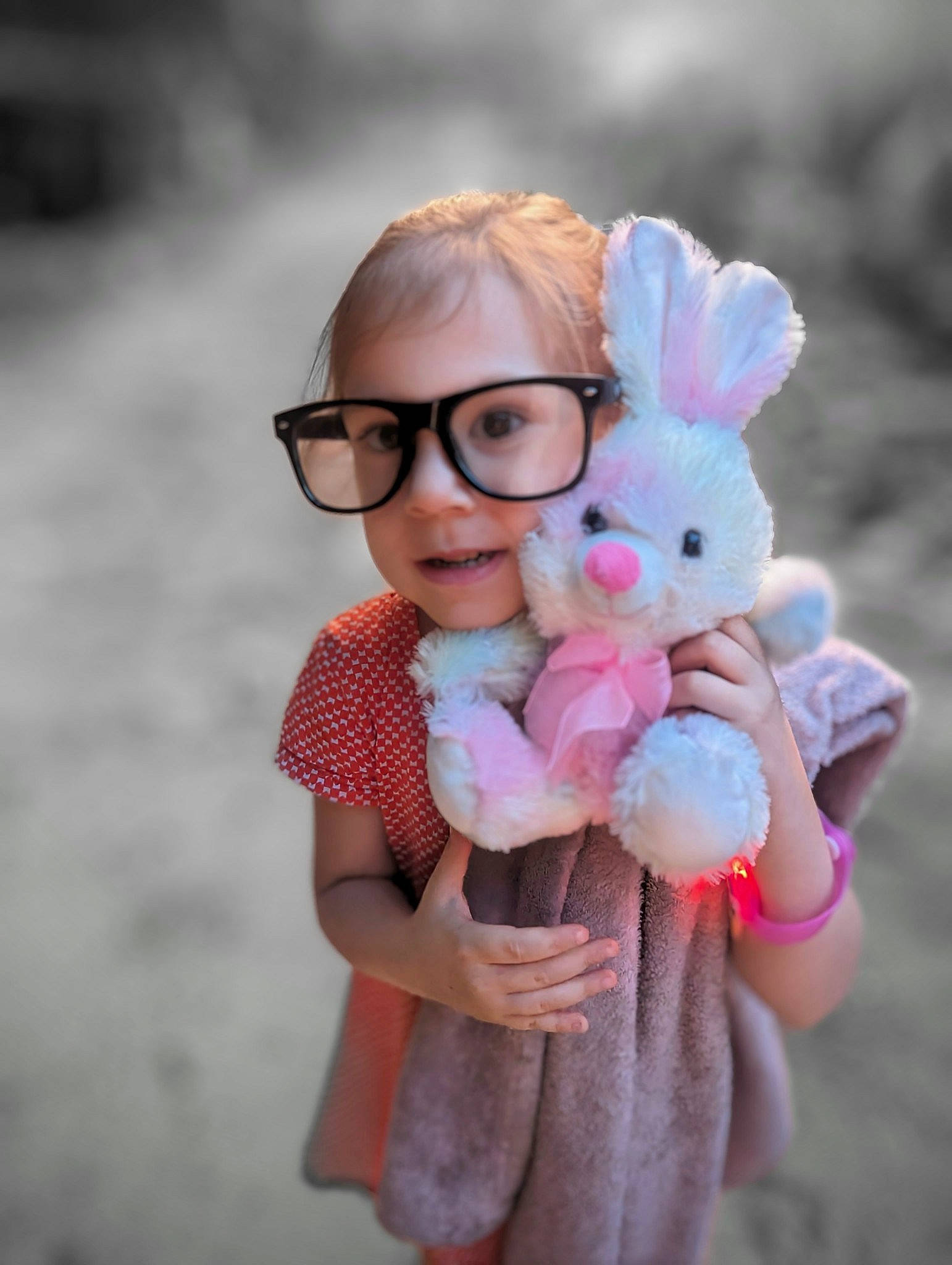 June joined the competition — help win amazing prizes! child, doll, eyewear, fun, fur, gesture, glasses, grass, happy, lip, magenta, nose, person, pink, plant, skin, sleeve, stuffed_toy, thumb, toddler