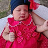 baby, infant, child, sleeping, portrait, red_dress, polka_dots, hat, bow, fashion, outdoor, adult_arm, cradled, baby_clothing, closed_eyes, peaceful, pink_blanket, grass, photography, cute
