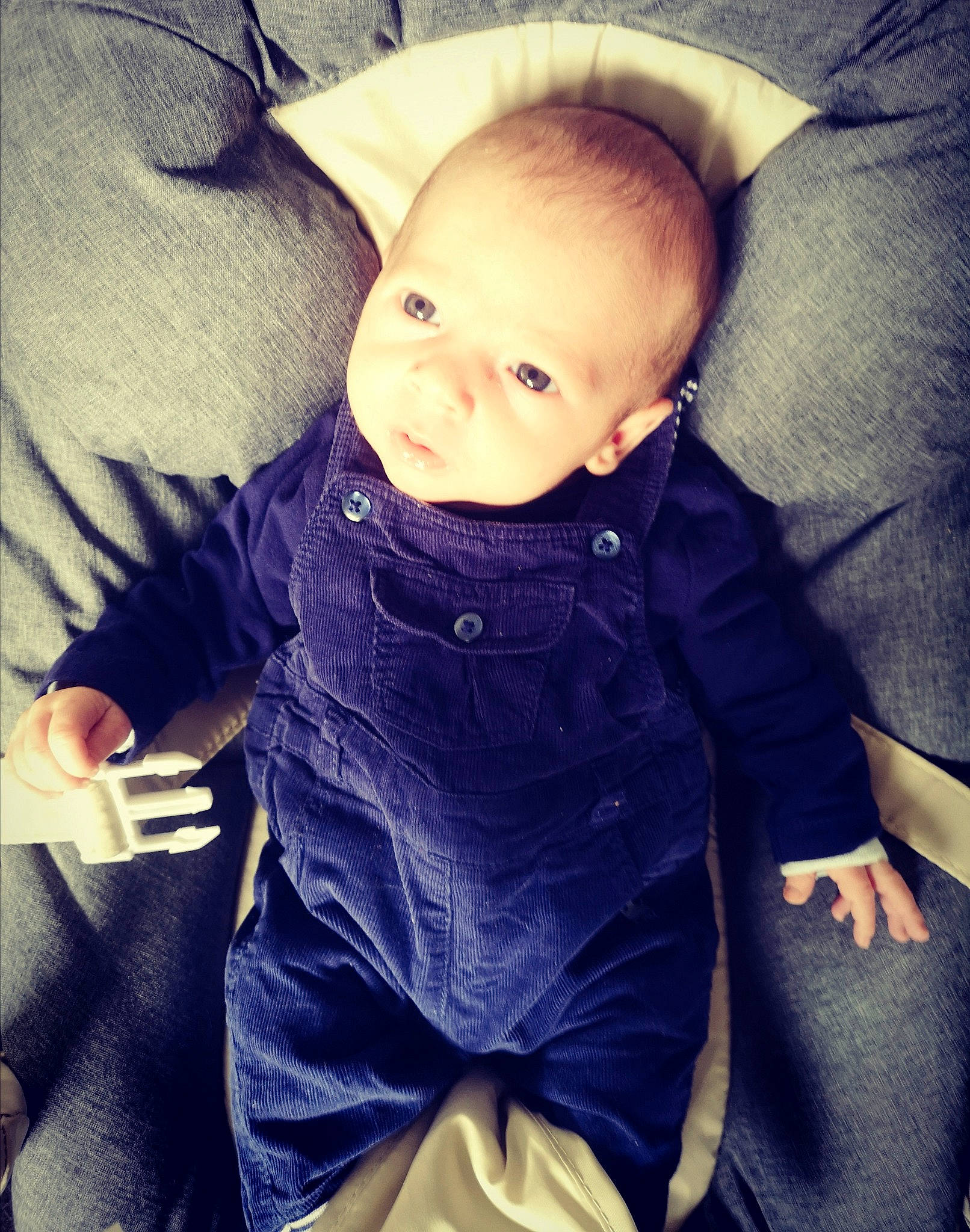 Jules participe au concours pour gagner de l'argent avec cette photo : baby, baby_products, baby_toddler_clothing, button, cheek, child, comfort, overall, person, toddler