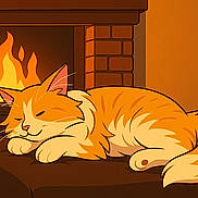 Sunny joined the competition — help win amazing prizes! cat, cartoon, fireplace, sleeping, orange_cat, white_cat, cushion, warm_light, cozy, indoor, pet, relaxing, animal, fur, whiskers, tail, brick_fireplace, logs, resting, illustration