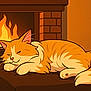 cat, cartoon, fireplace, sleeping, orange_cat, white_cat, cushion, warm_light, cozy, indoor, pet, relaxing, animal, fur, whiskers, tail, brick_fireplace, logs, resting, illustration