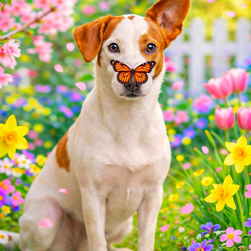 Youki a rejoint le concours — aidez-le/la à gagner de superbes lots ! dog, butterfly, flower_garden, pink_flowers, yellow_flowers, green_grass, spring, petals, nature, cute, animal, outdoor, colorful, white_dog, brown_spots, sitting, close_up, fence, sunlight, playful