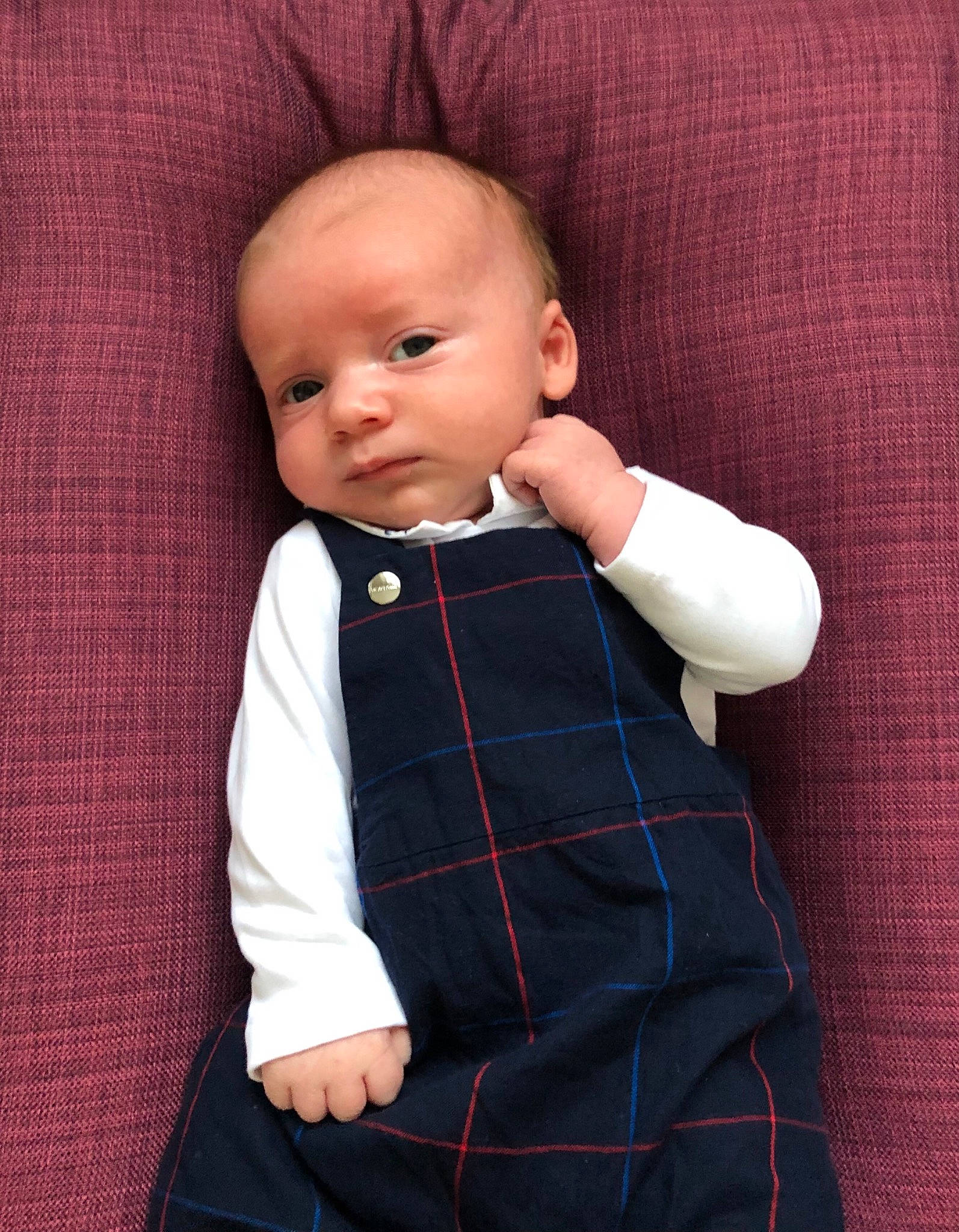 William a rejoint le concours — aidez-le/la à gagner de superbes lots ! baby, baby_toddler_clothing, blazer, child, collar, comfort, dress_shirt, formal_wear, hand, human_body, jacket, linens, pattern, person, plaid, shirt, sleeve, t_shirt, tartan, textile