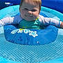 baby, child, smiling, inflatable_pool, water, swim_shirt, outdoor, sunny, toy, blue, face, happy, summer, pool, floating, person, cute, play, water_drops, grass