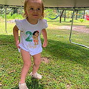 Carlie joined the competition — help win amazing prizes! toddler, child, outdoor, grass, playground, trampoline, white_clothing, smiling, curious, shoes, short_hair, sunlight, greenery, young_child, happy, summer, nature, play, person, cute