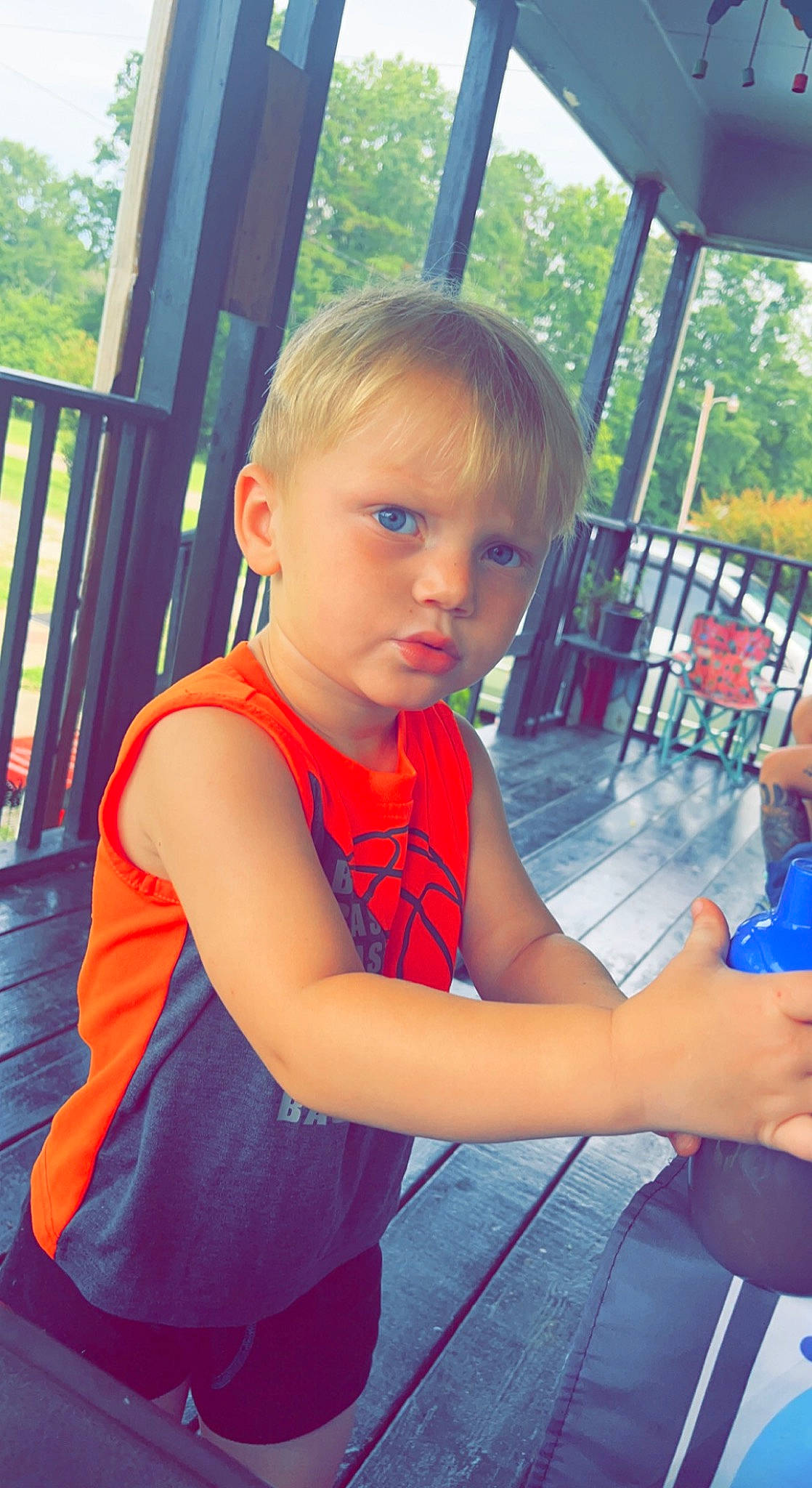 Kamden joined the competition — help win amazing prizes! child, electric_blue, facial_expression, fun, grass, hairstyle, happy, leaf, leisure, mammal, morning, person, public_space, recreation, sitting, summer, sunlight, t_shirt, toddler, tree