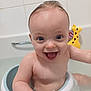 baby, bath, water, smile, happy, toy, giraffe, bathtub, child, sitting, skin, face, eyes, arm, head, bathroom, wet, cute, joy, infant