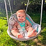 baby, swing, outdoor, grass, sunlight, child, smiling, happy, seat, trees, nature, play, infant, barefoot, summer, greenery, harness, cute, portrait, relaxing