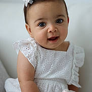 Miana is registered to the contest to win money with this photo: baby, child, infant, girl, white_dress, bow, plush_toy, stuffed_animal, cute, smiling, portrait, indoors, soft_toy, happy, sitting, closeup, eyelashes, skin, arm, face