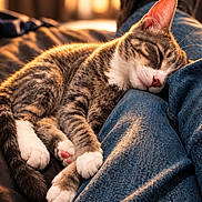 Widget is registered to the contest to win money with this photo: animal, bed, blanket, blue_jeans, cat, close_up, cozy, feline, fur, indoors, nap, paws, pet, pink_nose, portrait, relaxed, sleeping, tabby_cat, warm_lighting, whiskers
