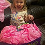 Braeleigh joined the competition — help win amazing prizes! toddler, child, gift_bag, pink_tissue_paper, smiling, happy, indoor, leather_couch, popcorn_cup, carpet, person, hair_tie, clothing, party, celebration, toy, living_room, excitement, present, playful