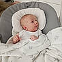baby, baby_seat, blanket, child, clothing, comfort, cushion, cute, gaze, gray, indoor, infant, newborn, pattern, person, portrait, relax, seat, soft, white