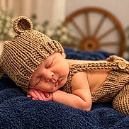 Noah joined the competition — help win amazing prizes! newborn, baby, sleeping, infant, portrait, knitted_hat, knitted_clothing, brown, navy_blanket, cozy, peaceful, indoors, bed, blanket, closeup, resting, face, hands, soft_lighting, photography