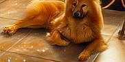 Vicky Pelé a rejoint le concours — aidez-le/la à gagner de superbes lots ! dog, golden_fur, fluffy, lying_down, floor, tile_floor, couch, cushion, yellow, black_and_white, indoor, cozy, decor, lantern, statue, warm_lighting, pet, relaxed, home, comfort