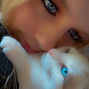 Ellie is registered to the contest to win money with this photo: affection, animal, blonde_hair, blue_eyes, cat, close_up, cute, eyelashes, face, human, indoor, intimacy, nose, person, pet, portrait, soft_light, tenderness, whiskers, white_cat