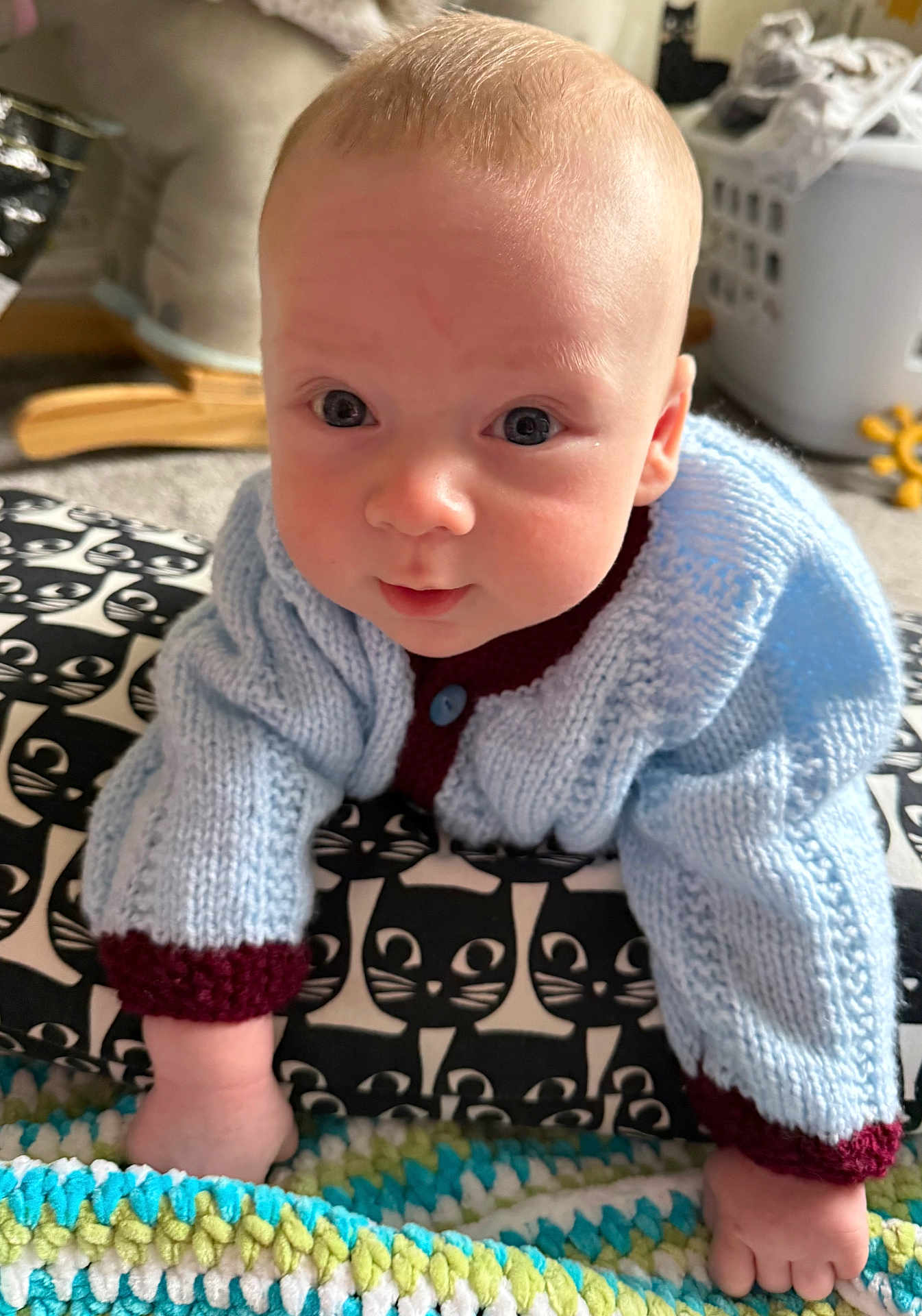 Ezra joined the competition — help win amazing prizes! baby, infant, crawling, knitted_sweater, blue_sweater, maroon_cuffs, black_cat_pattern, cushion, crocheted_blanket, carpet, indoor, person, child, face, eyes, hand, soft_light, cozy, cute, closeup