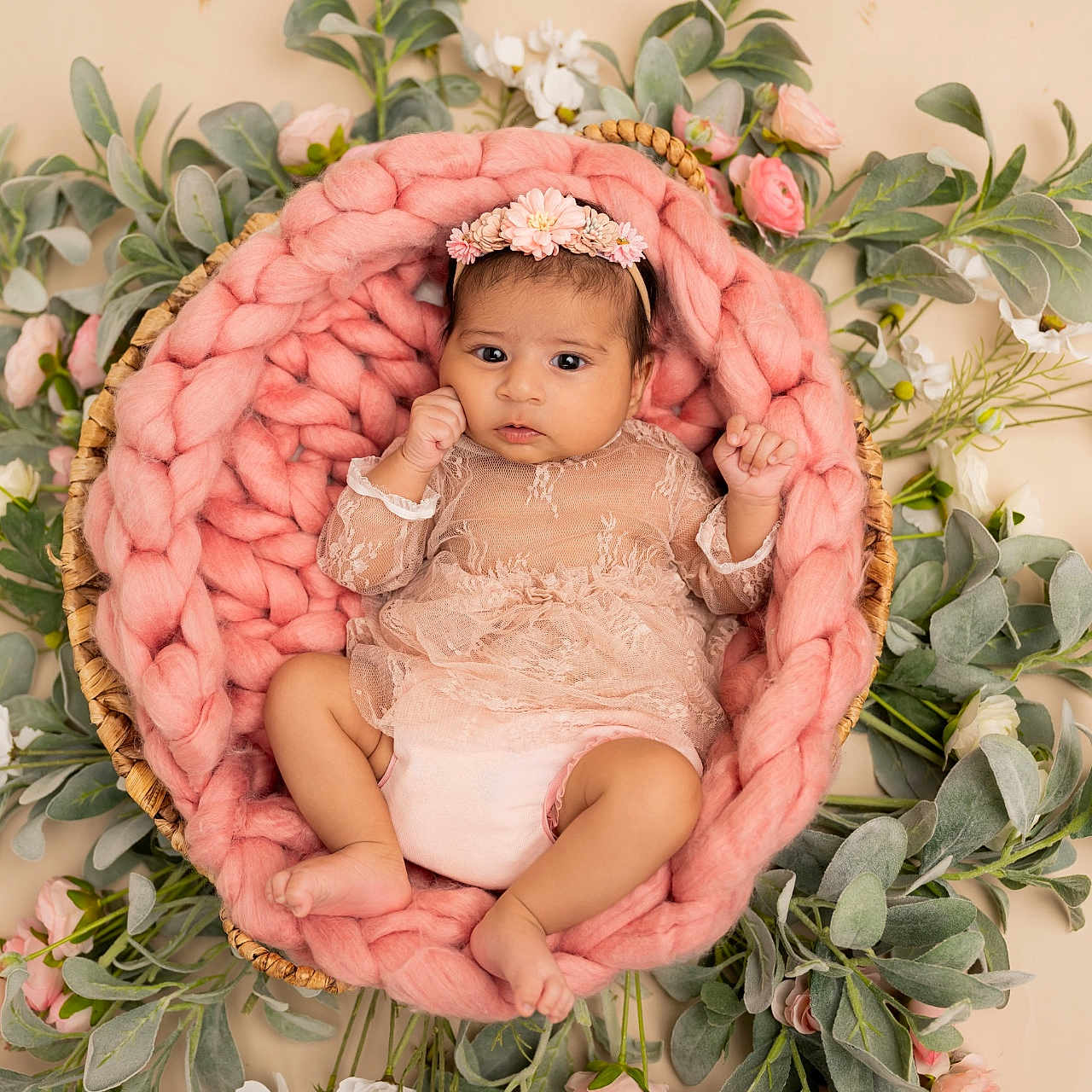 Arohi is registered to the contest to win money with this photo: baby, basket, bed, bonnet, clothing, crib, face, flower, flowerarrangement, flowerbouquet, furniture, hat, head, infantbed, leaf, newborn, person, photography, plant, portrait