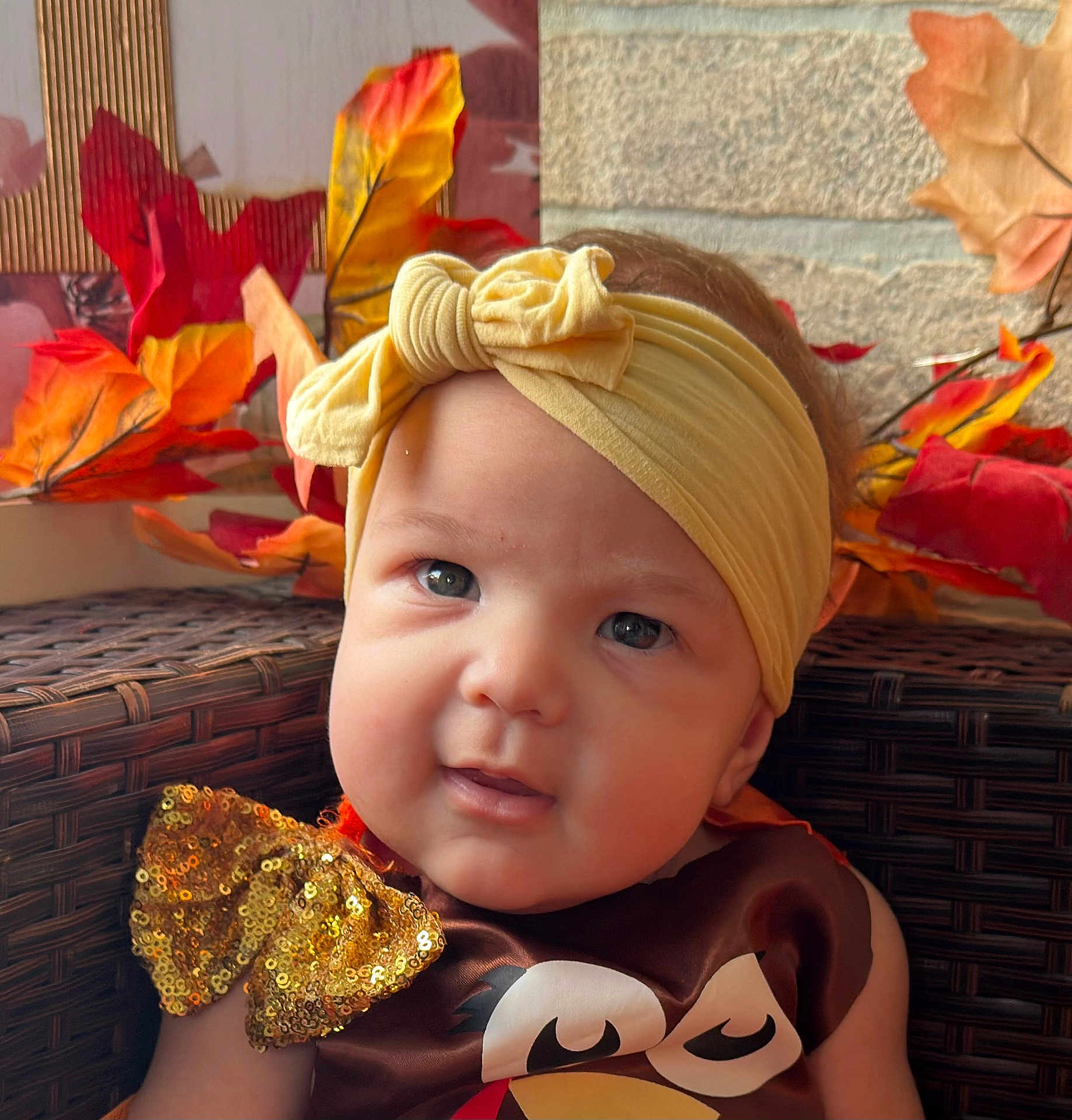 Luzdeyka is registered to the contest to win money with this photo: baby, headband, bow, autumn_leaves, wicker_chair, closeup, cute, child, portrait, seasonal, orange, red, yellow, face, infant, decor, expression, seated, indoors, soft_light