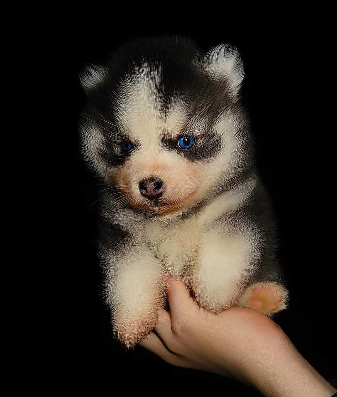 Archimède a rejoint le concours — aidez-le/la à gagner de superbes lots ! puppy, dog, husky, blue_eyes, fluffy, cute, pet, animal, fur, hand, portrait, isolated, black_background, young, small, mammal, adorable, cuddly, domestic_animal, face