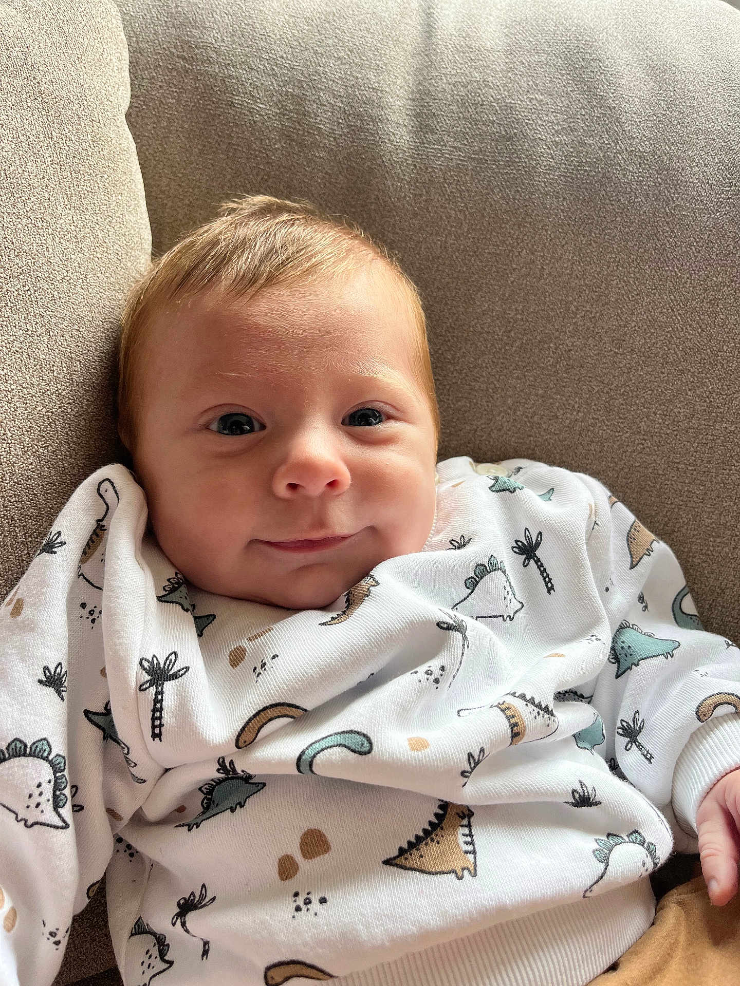 Simon a rejoint le concours — aidez-le/la à gagner de superbes lots ! baby, infant, couch, sweatshirt, dinosaur_print, smile, face, child, indoors, cozy, cute, clothing, person, seated, portrait, young_child, fabric, texture, beige, happy