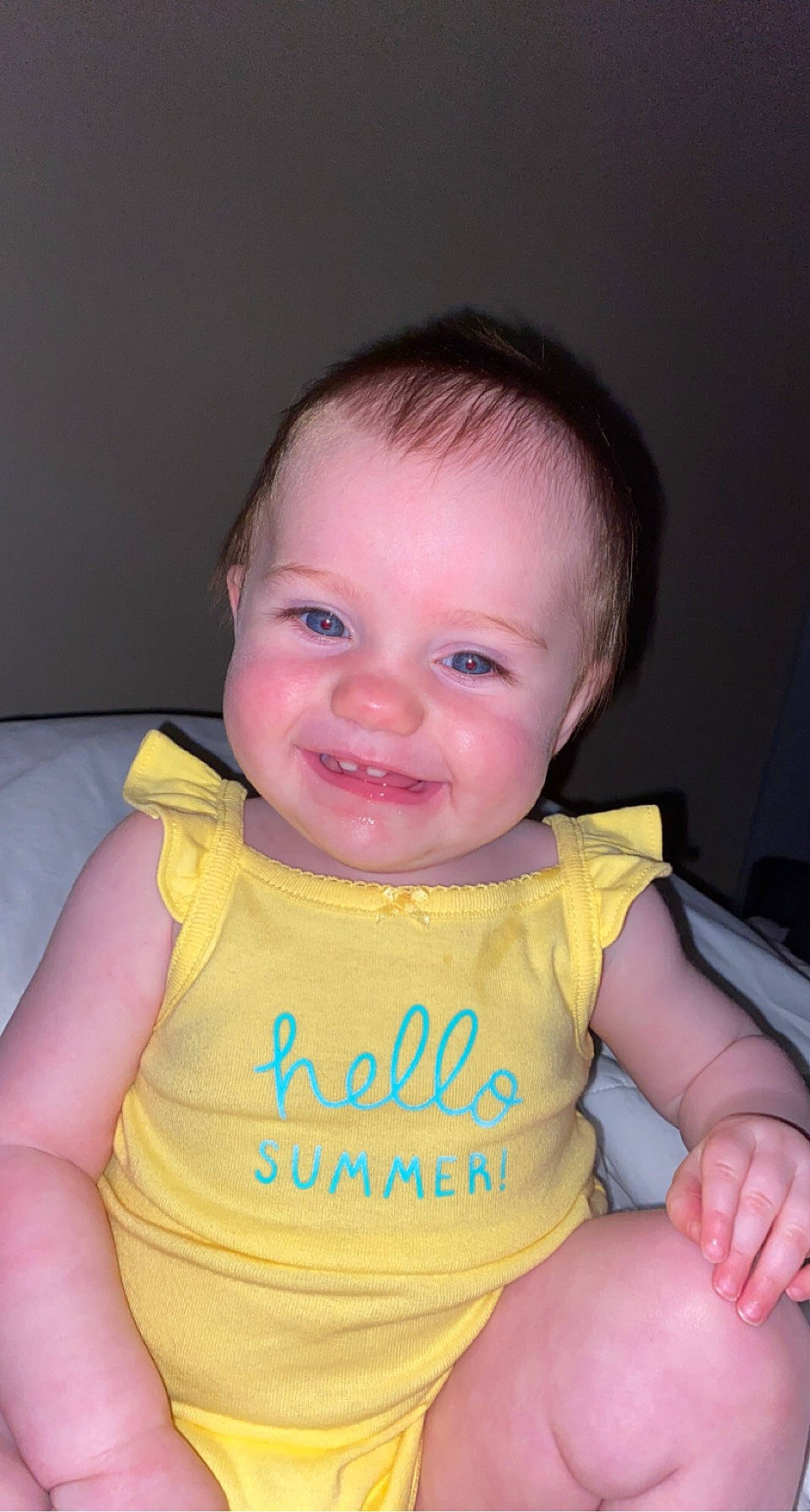 Madisyn is registered to the contest to win money with this photo: arm, baby_toddler_clothing, cheek, chin, eye, eyebrow, face, facial_expression, hairstyle, hand, head, human, human_body, iris, joy, lip, mouth, nose, person, product