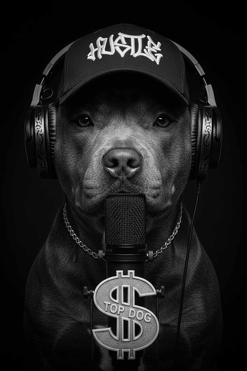 Voltaire participe au concours pour gagner de l'argent avec cette photo : dog, headphones, microphone, cap, chain, black_and_white, portrait, studio, closeup, animal, pet, music, rapper, accessory, fashion, expression, studio_lighting, monochrome, face, hat