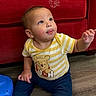 Auziel joined the competition — help win amazing prizes! baby, barefoot, blue_pants, child, couch, curious, cute, floor, indoor, looking_up, person, playful, reaching_hand, red_couch, smiling, striped_shirt, toddler, winnie_the_pooh, wooden_floor, yellow_shirt