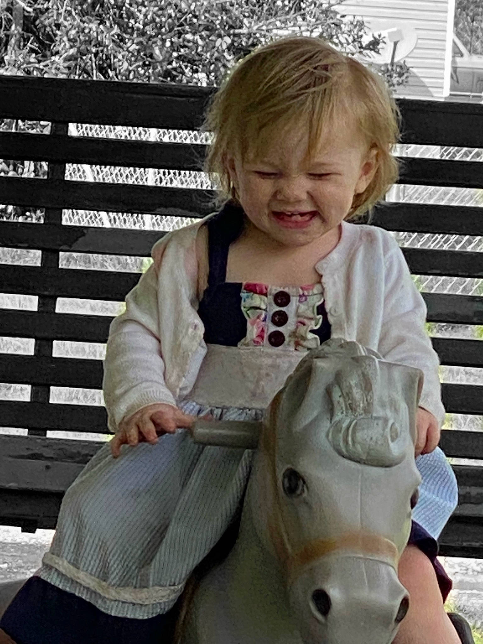 Ravena is registered to the contest to win money with this photo: baby, baby_products, baby_toddler_clothing, child, eye, fawn, fun, grass, hair, hairstyle, happy, horse, joy, outerwear, person, sitting, sleeve, smile, t_shirt, toddler