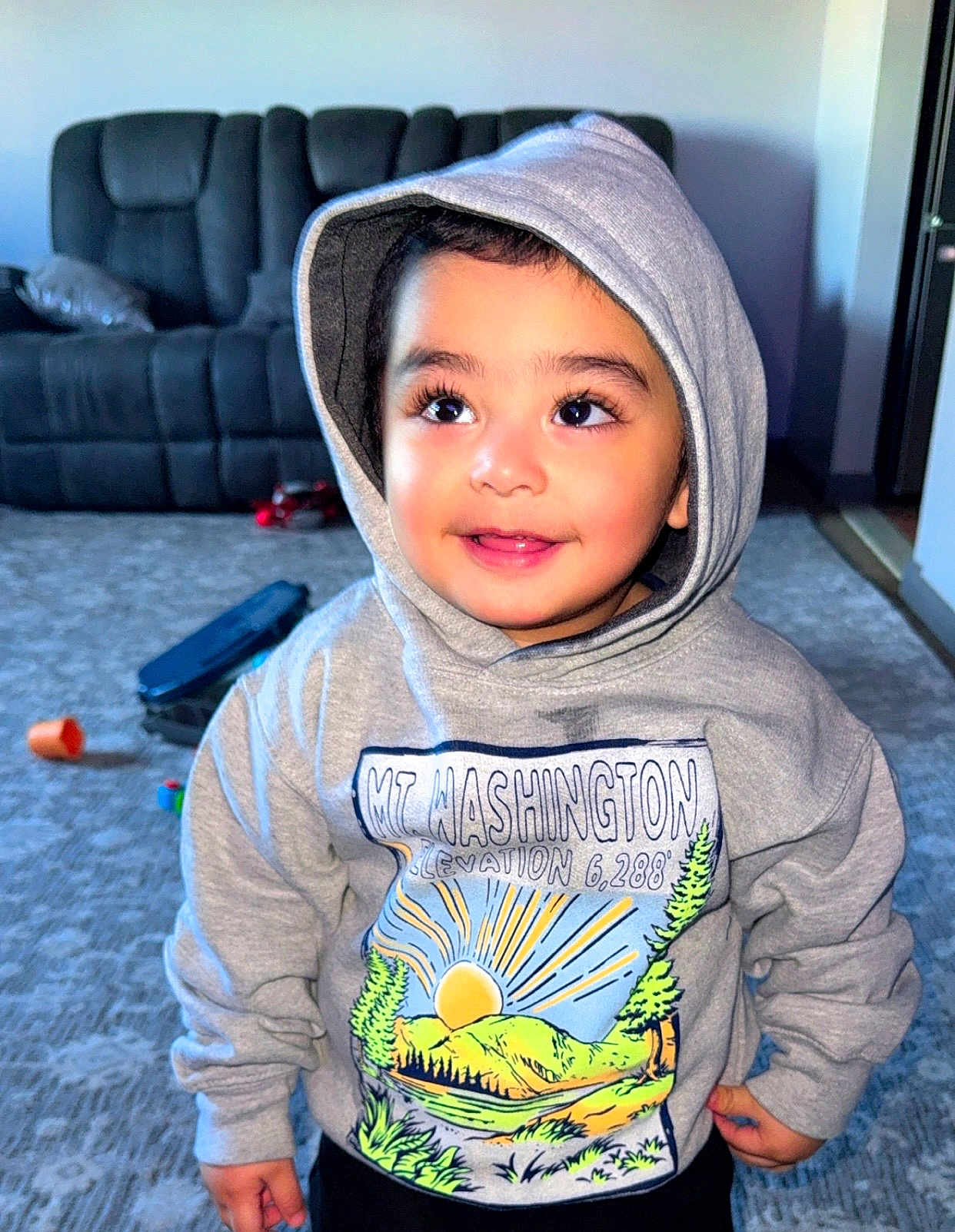 Sultan joined the competition — help win amazing prizes! toddler, child, hoodie, smiling, indoor, living_room, carpet, sofa, toy, face, person, clothing, cute, happy, young_child, casual, portrait, sweatshirt, playful, home